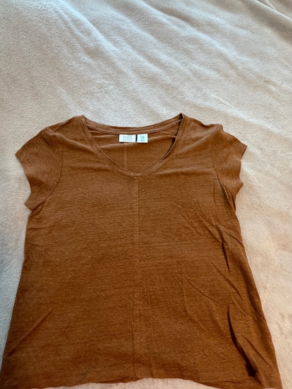Sigrid Olsen Rust Brown V-Neck Short Sleeve Linen Top